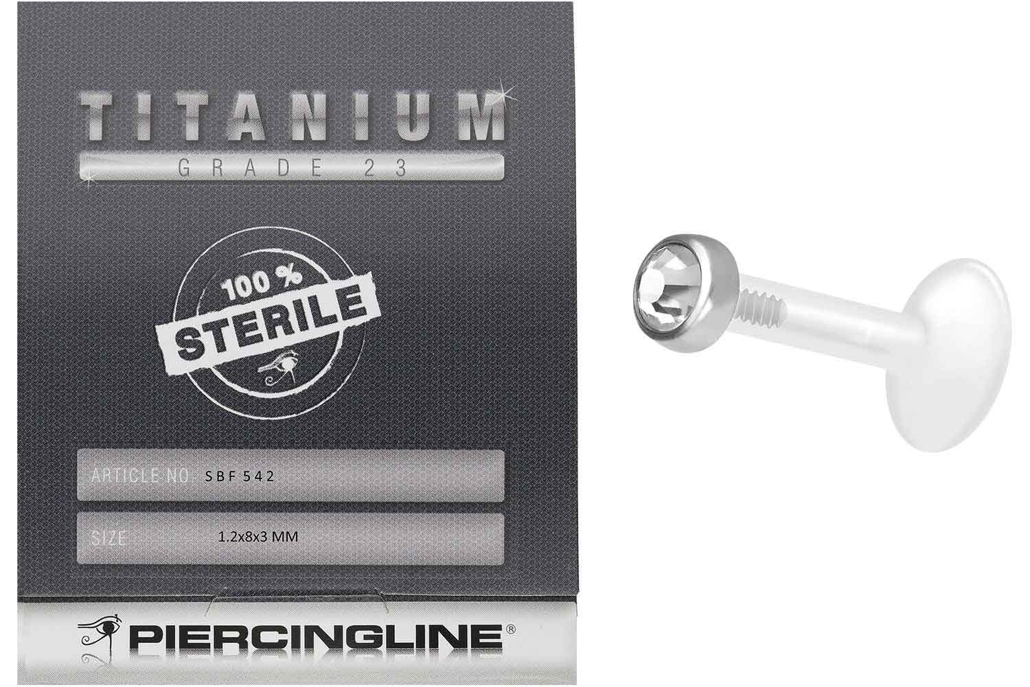 Sterilisiertes PMFK Labret Piercing mit Innengewinde + Titan-Disc KRISTALL